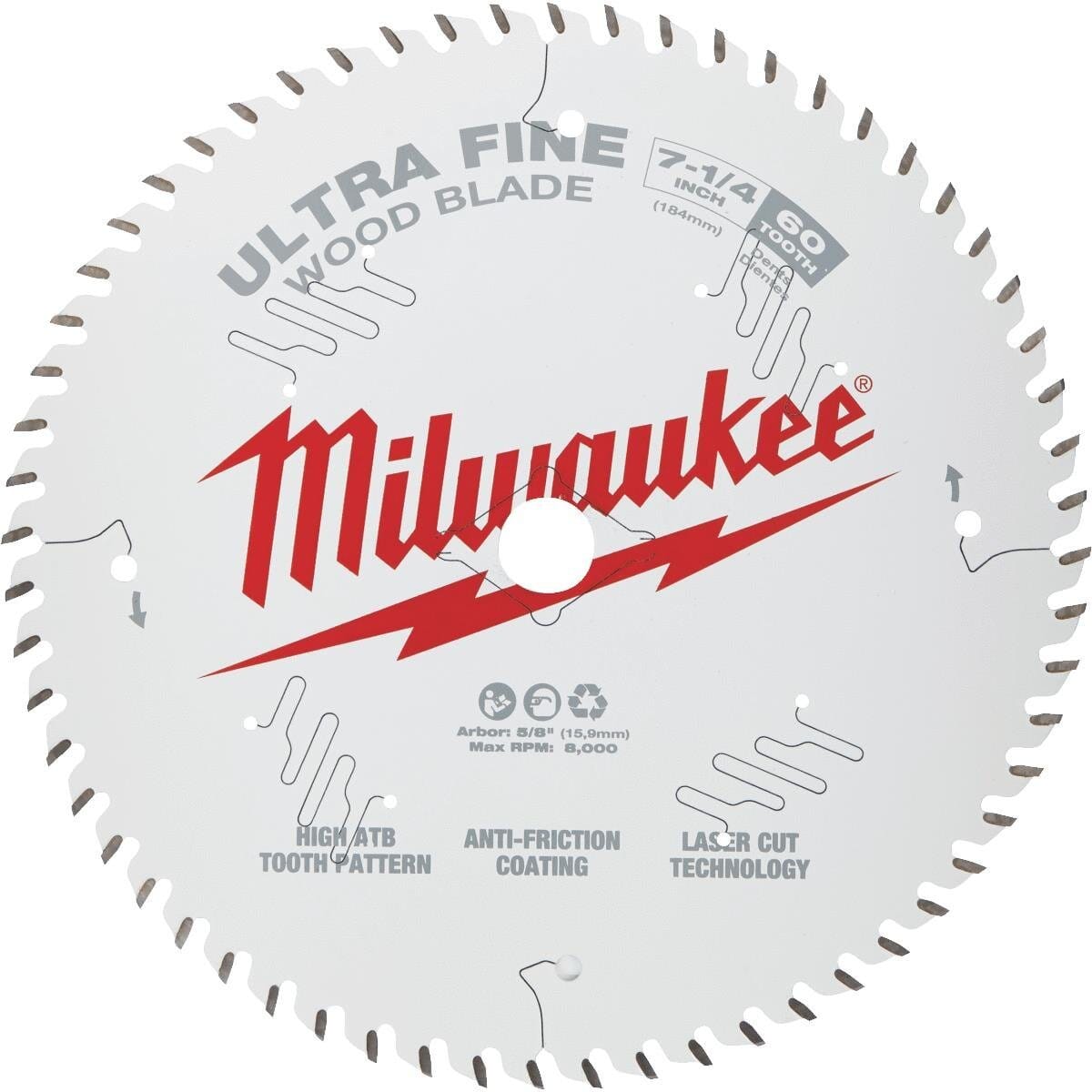 Milwaukee® 48-41-0730 Standard Framing Ultra Fine Finish Thin Kerf Circular Saw Blade, 7-1/4 in Dia, 5/8 in Arbor, Carbide Blade, 60 Teeth